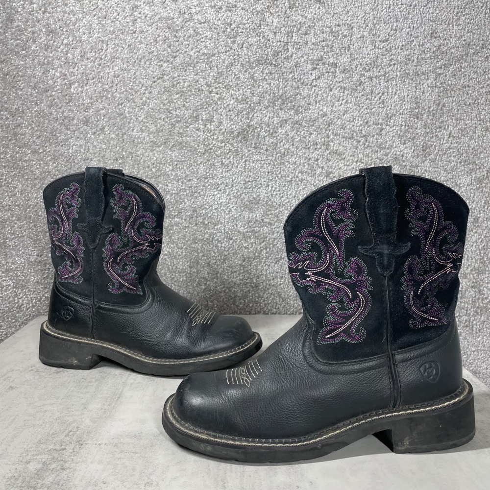 Ariat Fatbaby II Western Boots Womens 8 Round Toe Leather Black Pink Embroidered